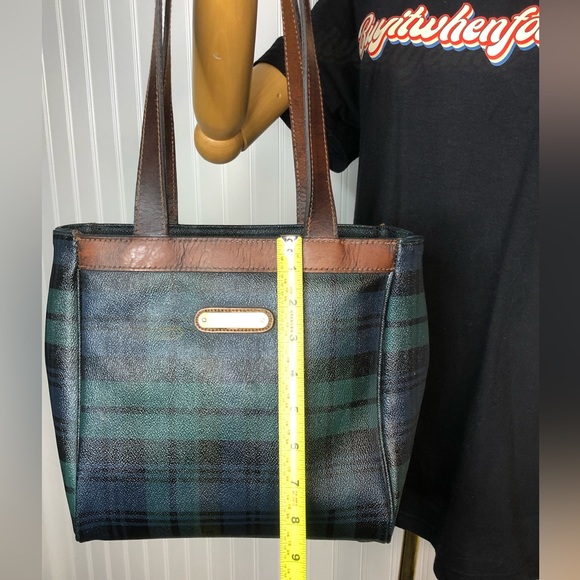 W RALPH LAUREN Black Watch Plaid Coated Canvas & Leather Shoulder Tote Bag - Picture 11 of 17